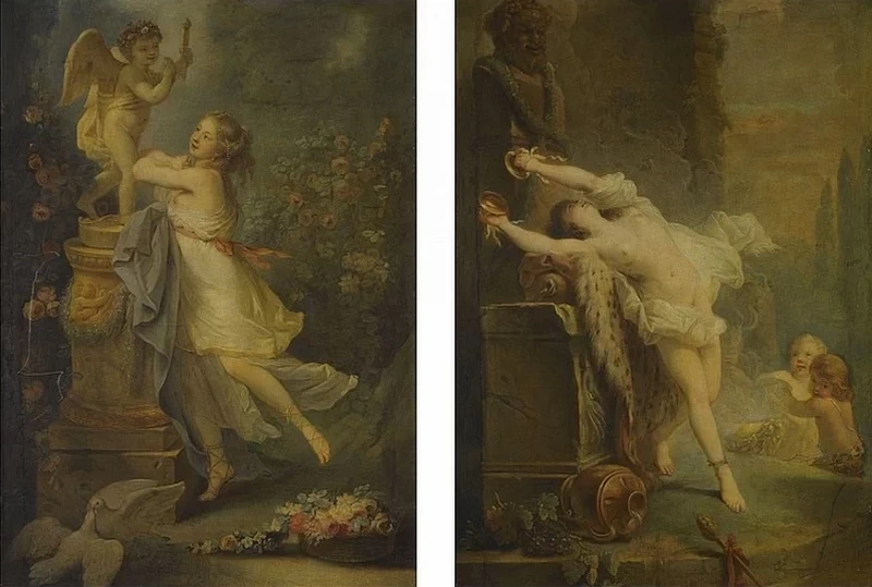 Una giovane donna davanti a una statua di Cupido - Una baccante che suona i cembali davanti a una statua di Pan